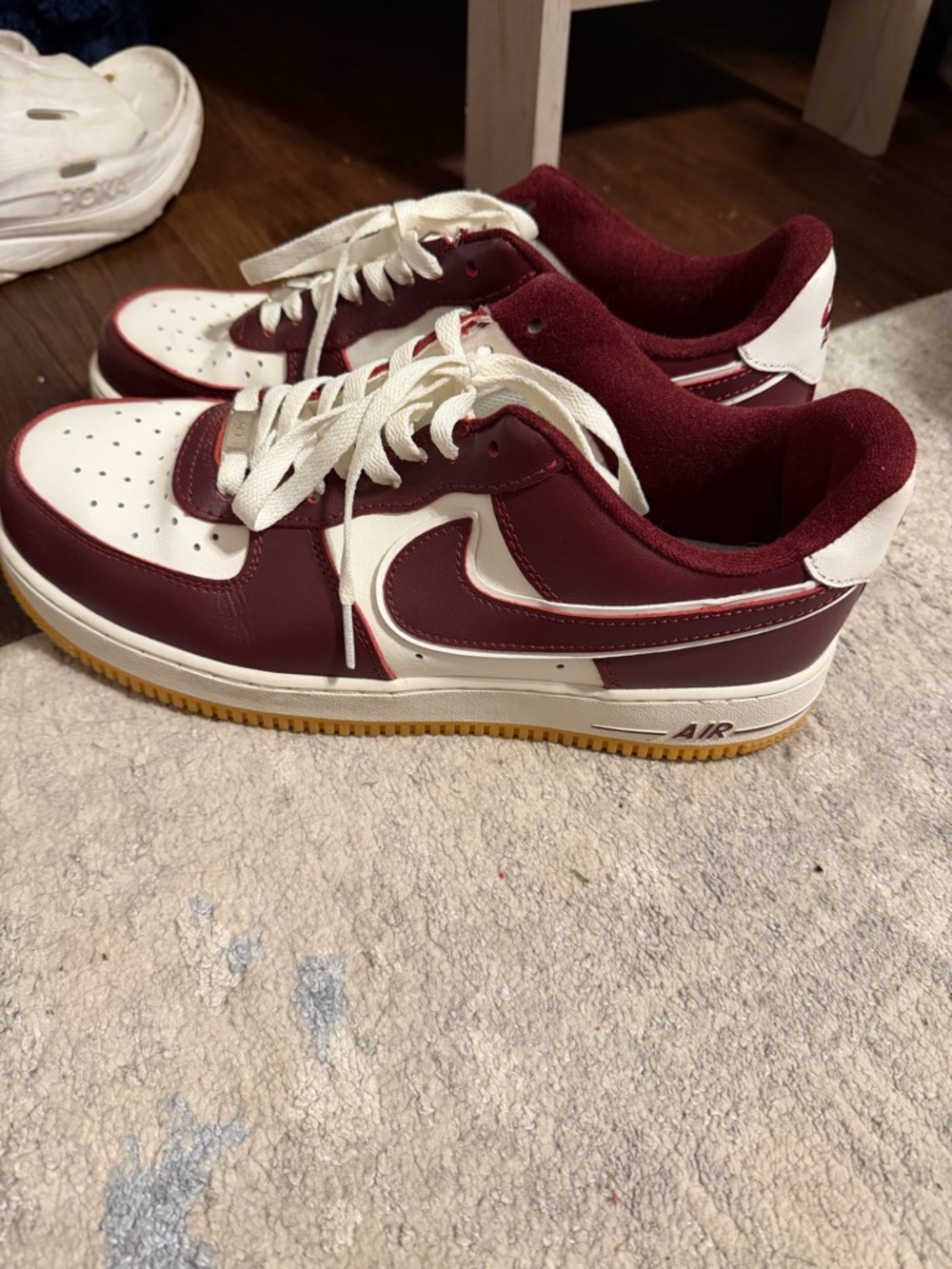 Nike Low-Top Air Force 1 in Burgundy and White with Gum Sole